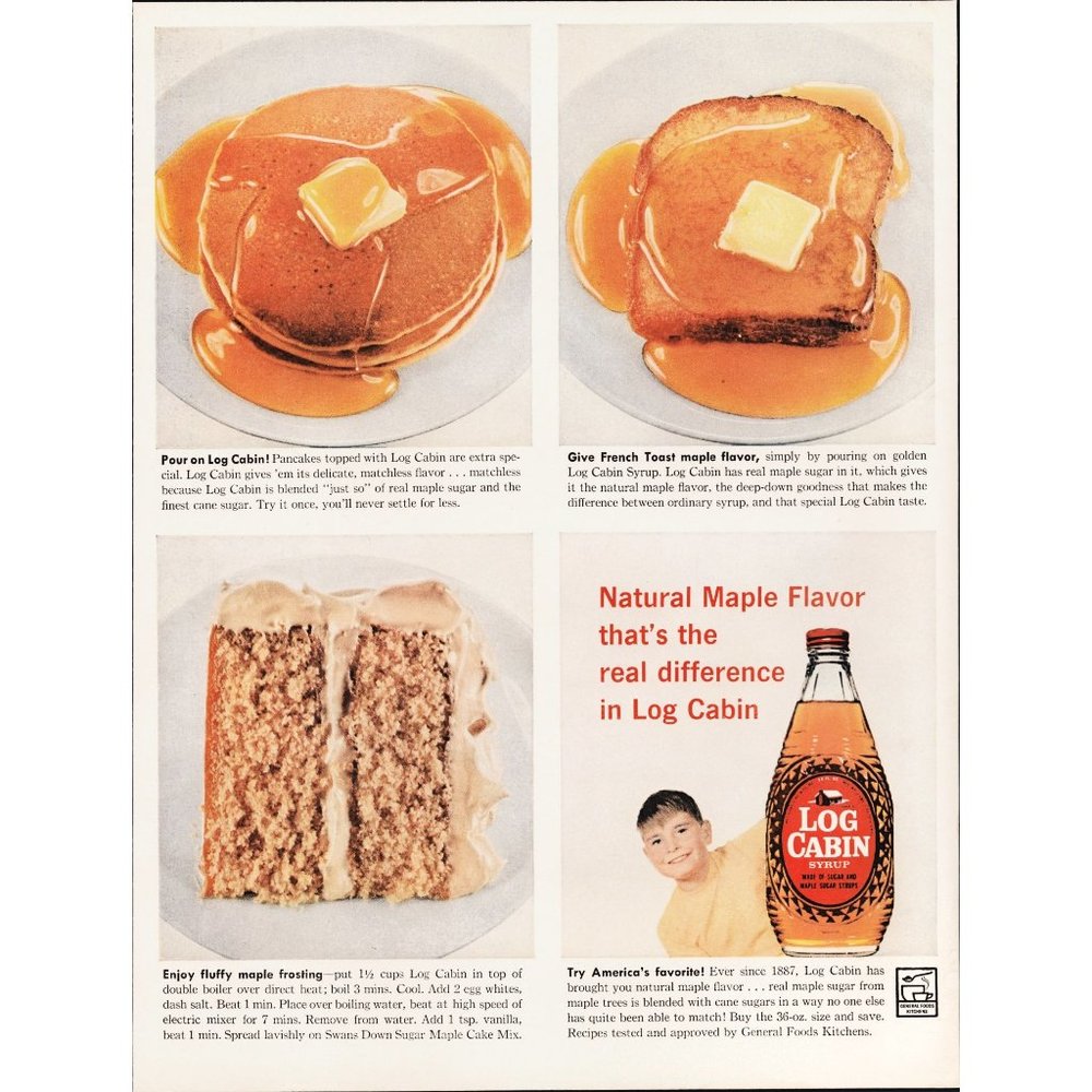 1959 Log Cabin Syrup Vintage Print Ad Pancakes French Toast Cake Wall Art 50s